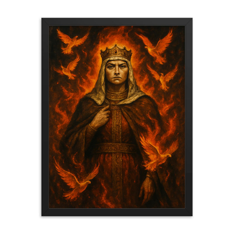 St Olga of Kyiv among burning doves framed print on a plain backdrop in size 18