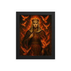 St Olga of Kyiv among burning doves framed print on a plain backdrop in size 8"x10".