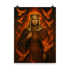 St Olga of Kyiv among burning doves poster on a plain backdrop in size 8"x10".