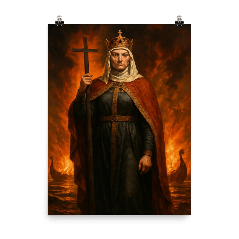 St Olga of Kyiv among burning tributary boats poster on a plain backdrop in size 8