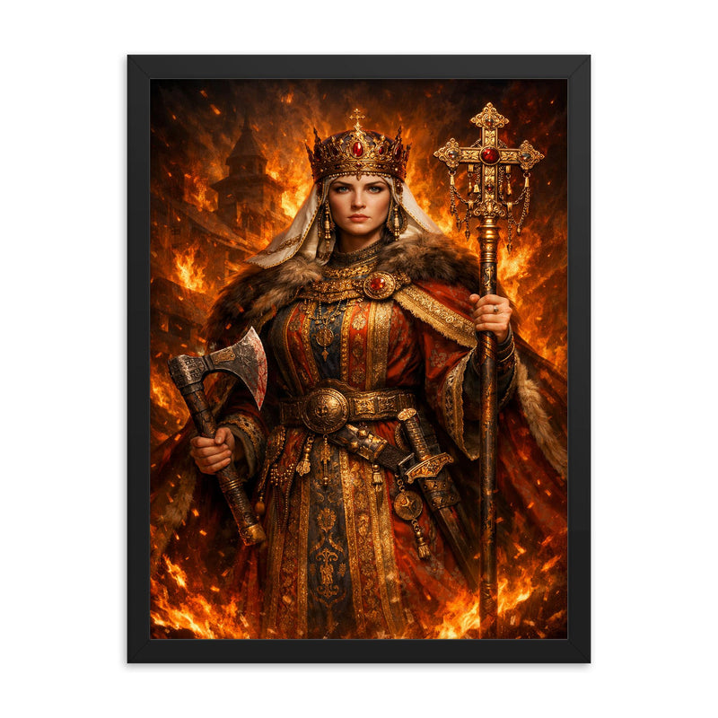 St Olga of Kyiv in firelit regalia framed print on a plain backdrop in size 18