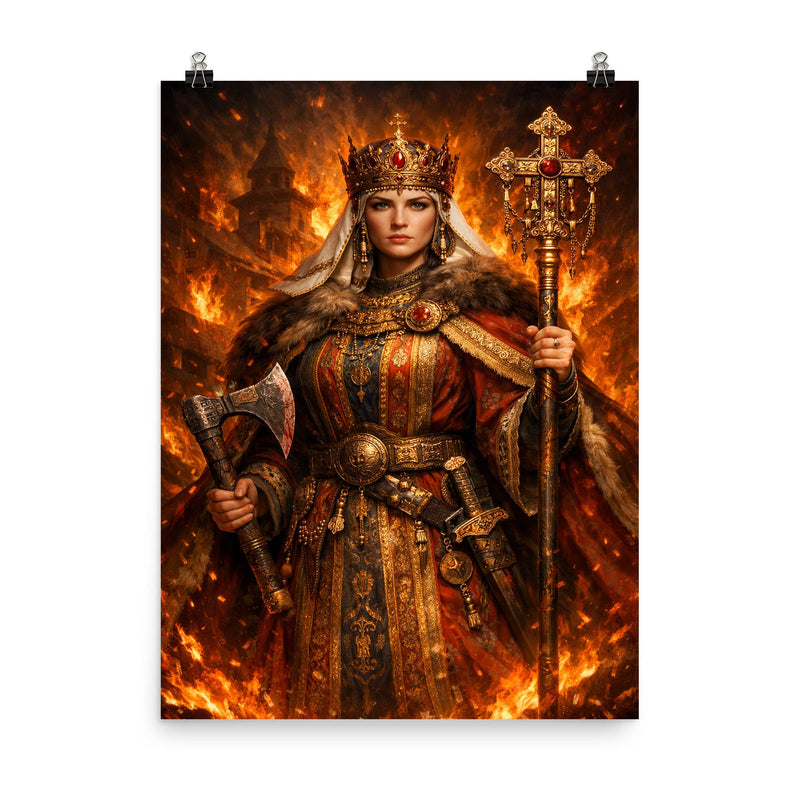 St Olga of Kyiv in firelit regalia poster on a plain backdrop in size 8