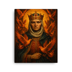 St Olga of Kyiv with burning birds canvas print on a plain backdrop in size 16"x20".