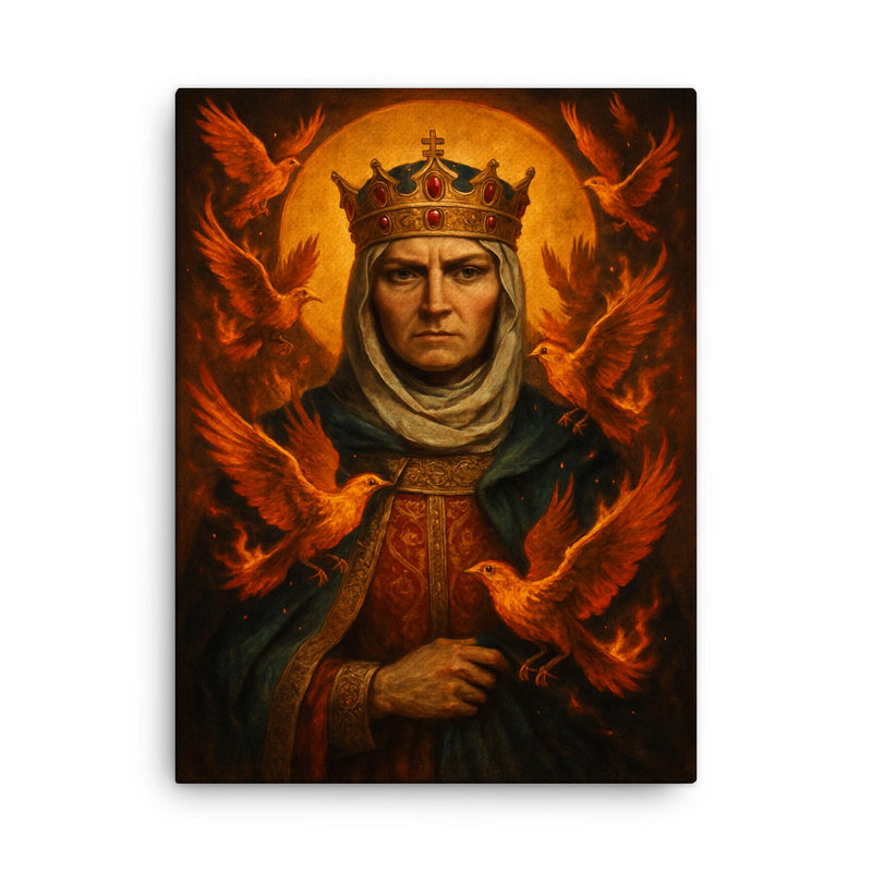 St Olga of Kyiv with burning birds canvas print on a plain backdrop in size 18