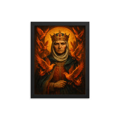 St Olga of Kyiv with burning birds framed print on a plain backdrop in size 12"x16".