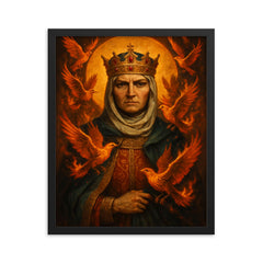 St Olga of Kyiv with burning birds framed print on a plain backdrop in size 16"x20".