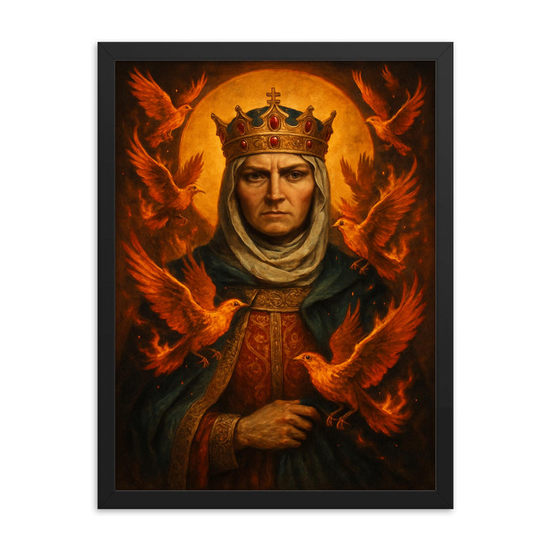 St Olga of Kyiv with burning birds framed print on a plain backdrop in size 18