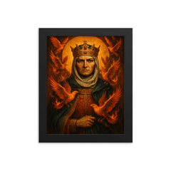 St Olga of Kyiv with burning birds framed print on a plain backdrop in size 8"x10".