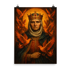 St Olga of Kyiv with burning birds poster on a plain backdrop in size 8"x10".