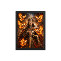 St Olga of Kyiv with burning doves framed print on a plain backdrop in size 12"x16".