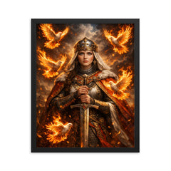 St Olga of Kyiv with burning doves framed print on a plain backdrop in size 16"x20".