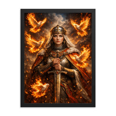 St Olga of Kyiv with burning doves framed print on a plain backdrop in size 18"x24".