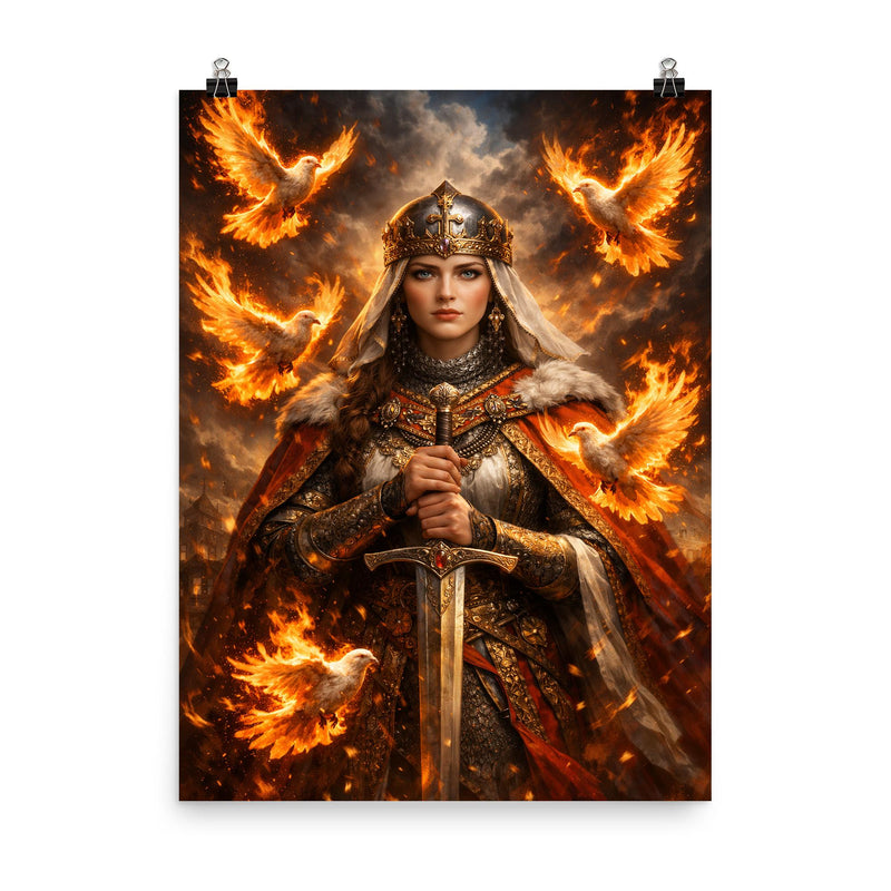 St Olga of Kyiv with burning doves poster on a plain backdrop in size 8