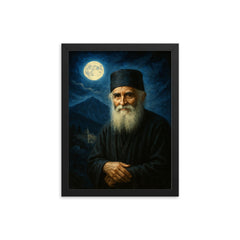 St Paisios beneath Athonite moonlight framed print on a plain backdrop in size 12"x16".