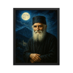 St Paisios beneath Athonite moonlight framed print on a plain backdrop in size 16"x20".