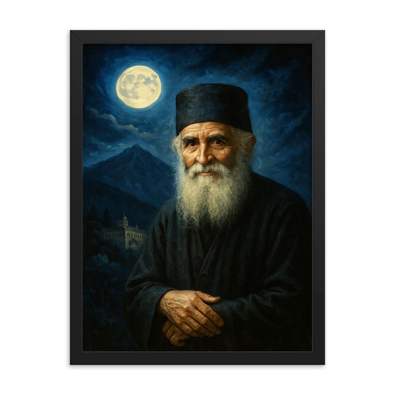 St Paisios beneath Athonite moonlight framed print on a plain backdrop in size 18