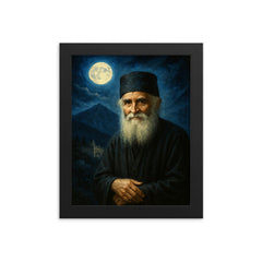 St Paisios beneath Athonite moonlight framed print on a plain backdrop in size 8"x10".