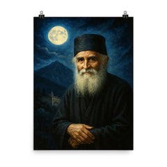 St Paisios beneath Athonite moonlight poster on a plain backdrop in size 8"x10".