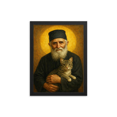 St Paisios of Mount Athos with cat framed print on a plain backdrop in size 12"x16".