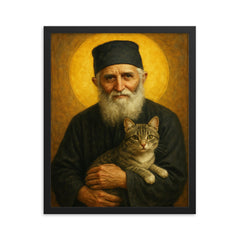 St Paisios of Mount Athos with cat framed print on a plain backdrop in size 16"x20".