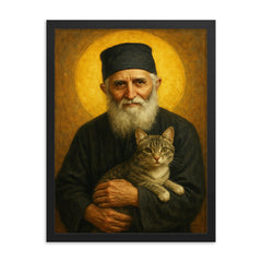 St Paisios of Mount Athos with cat framed print on a plain backdrop in size 18"x24".