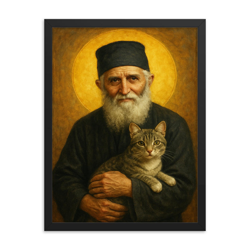 St Paisios of Mount Athos with cat framed print on a plain backdrop in size 18