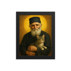 St Paisios of Mount Athos with cat framed print on a plain backdrop in size 8"x10".