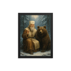 St Seraphim with bear in snowy forest framed print on a plain backdrop in size 12"x16".