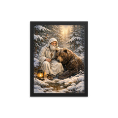 St Seraphim with bear in snowy forest framed print on a plain backdrop in size 12"x16".