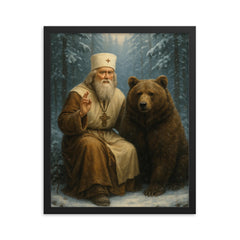 St Seraphim with bear in snowy forest framed print on a plain backdrop in size 16"x20".