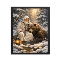 St Seraphim with bear in snowy forest framed print on a plain backdrop in size 16"x20".