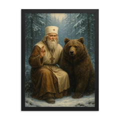 St Seraphim with bear in snowy forest framed print on a plain backdrop in size 18"x24".