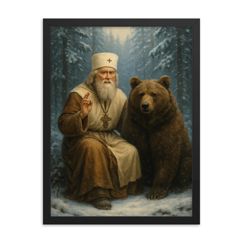 St Seraphim with bear in snowy forest framed print on a plain backdrop in size 18