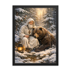 St Seraphim with bear in snowy forest framed print on a plain backdrop in size 18"x24".