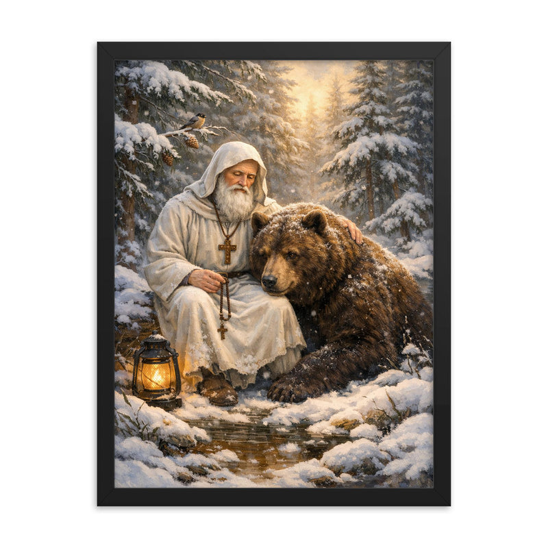 St Seraphim with bear in snowy forest framed print on a plain backdrop in size 18
