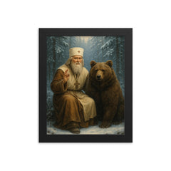 St Seraphim with bear in snowy forest framed print on a plain backdrop in size 8"x10".