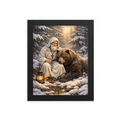 St Seraphim with bear in snowy forest framed print on a plain backdrop in size 8"x10".