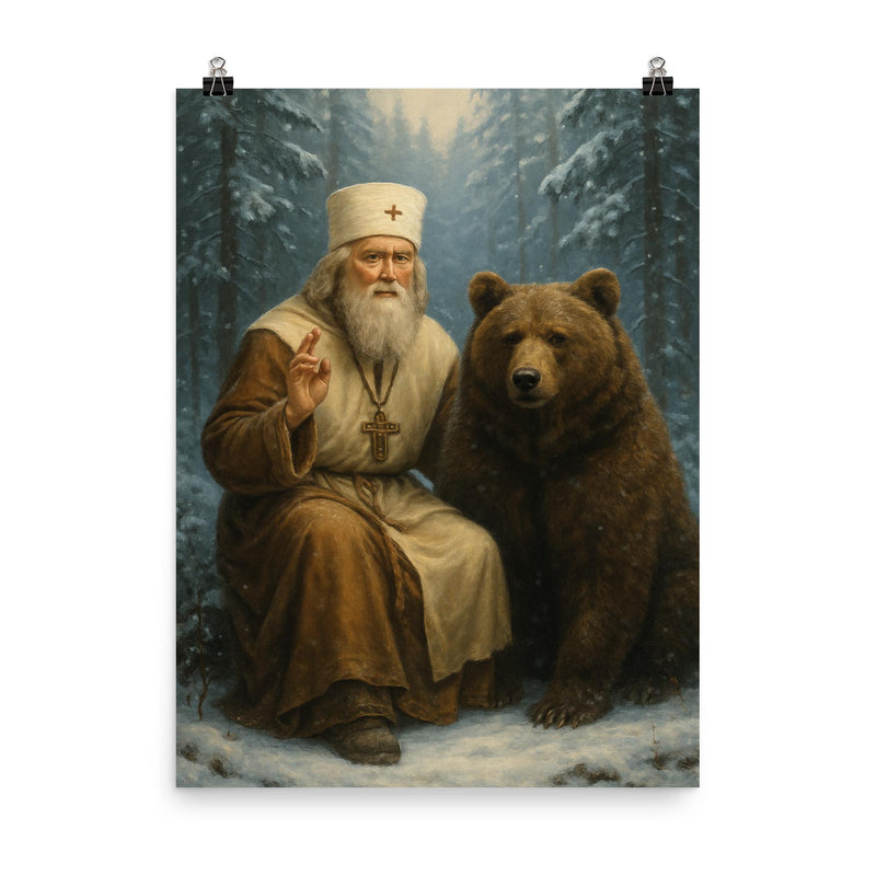 St Seraphim with bear in snowy forest poster on a plain backdrop in size 8
