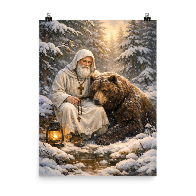 St Seraphim with bear in snowy forest poster on a plain backdrop in size 8