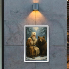St Seraphim with bear in snowy forest poster 2