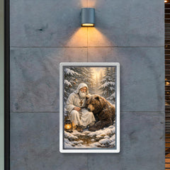 St Seraphim with bear in snowy forest poster 2