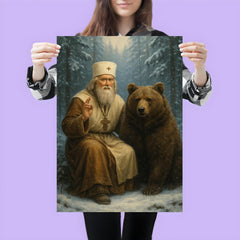 St Seraphim with bear in snowy forest poster 3