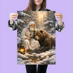 St Seraphim with bear in snowy forest poster 3