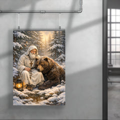 St Seraphim with bear in snowy forest poster 4