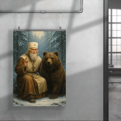 St Seraphim with bear in snowy forest poster 4