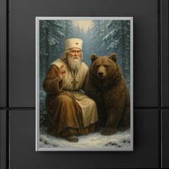 St Seraphim with bear in snowy forest poster 5