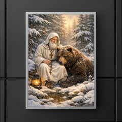 St Seraphim with bear in snowy forest poster 5