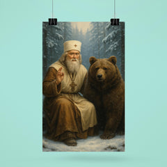 St Seraphim with bear in snowy forest poster 6