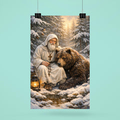 St Seraphim with bear in snowy forest poster 6