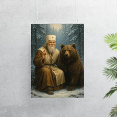 St Seraphim with bear in snowy forest poster 7